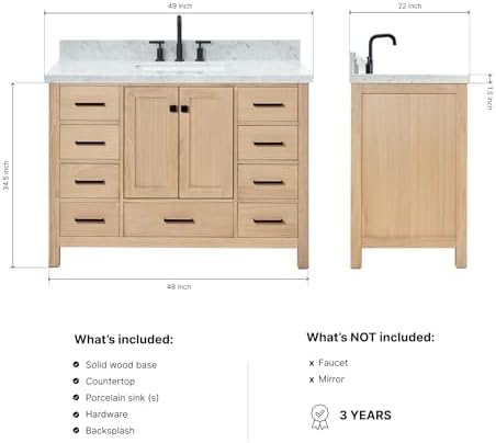 ARIEL Cambridge 48-inch Bathroom Vanity with Sink,Solid Wood, 1.5-inch Italian Carrara Marble Countertop, Single Rectangular Porcelain Sink, 2 Soft Closing Doors, 9 Dovetail Drawers, White Oak