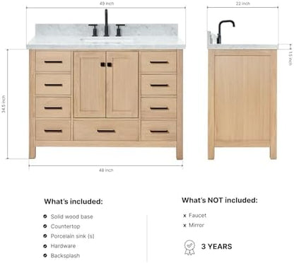 ARIEL Cambridge 48-inch Bathroom Vanity with Sink,Solid Wood, 1.5-inch Italian Carrara Marble Countertop, Single Rectangular Porcelain Sink, 2 Soft Closing Doors, 9 Dovetail Drawers, White Oak