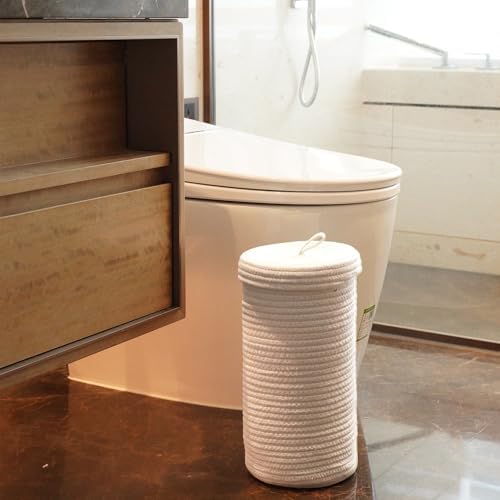 Toilet Paper Holder Handmade – Woven Cotton Toilet Paper Stand & Storage Basket with Lid, Freestanding Organizer for Bathroom, Fits 3 Mega Rolls Gradient Brown 14'' x 7''