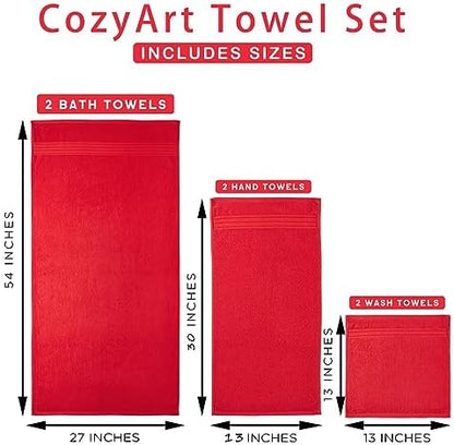 COZYART Red Bath Towel Set for Bathroom Soft Absorbent Durable 650 GSM Turkish Cotton Towel Sets of 6, 2 Large Bath Towels, 2 Hand Towels, 2 Washclothes