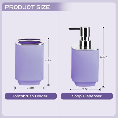Purple Bathroom Accessories 2 Pcs, Soap Dispenser and Toothbrush Holder Set