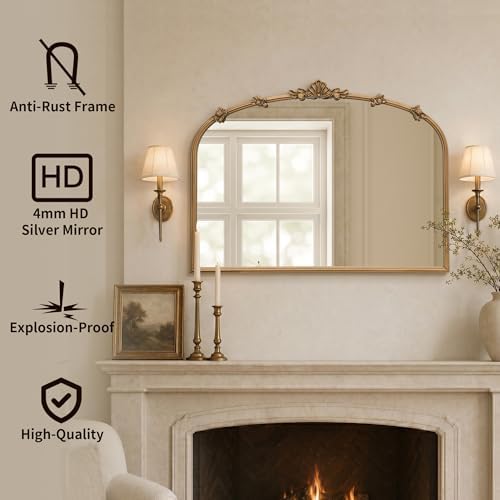Besdomus Vintage Gold Mirror for Vanity: 32"x24" Traditional Arched Mirror