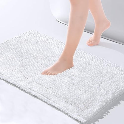 FRESHMINT Chenille Bathroom Rugs Mat 32”x20”, Non-Slip Bath Mat for Bathroom Floor & Bathtub, Washable Soft Shower Shag Bath Rugs, Durable Fluffy Thick Water Absorbent Microfiber Shower Mat, White