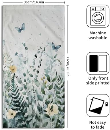 Sage Green Leaves Hand Towels Set of 2-28x14 Inch Summer Botanical Floral Leaf Butterflies Soft Highly Absorbent Face Dish Cloth for Kitchen Bathroom Gym Poolside Spa Decor