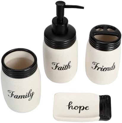 Mason jar Bathroom Accessories Set with Sweet Quote Ceramic Bathroom Tooth Brush Holder 4pc Set Farmhouse Bathroom Gift and Decor (Faith Family Friends)