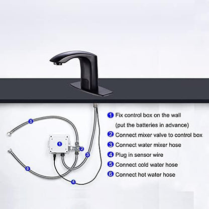 Automatic Touchless Bathroom Sink Faucet Sensor Motion Activated Commercial Faucets Hands Free Infrared Residential Basin Tap with Deck Plate Water Mixer Valve Control Box (Matte Black)