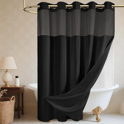 WONICY No Hook Shower Curtain with Snap-in Liner, Black, 71 x 80 Inch