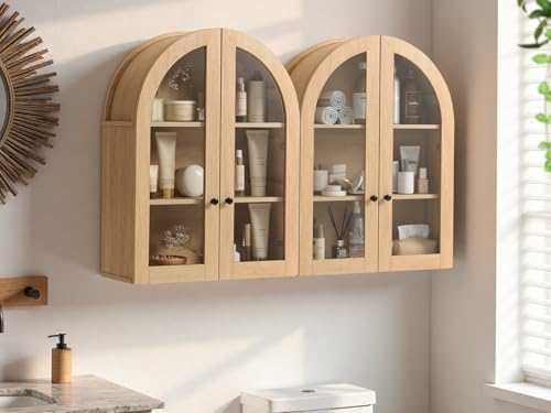 Bathroom Arched Wall Cabinet, 23.5'' Wide Medicine Cabinet, Bathroom Cabinet Wall Mount W/ Glass Doors & Adjustable Shelves, Over The Toilet Storage Cabinet for Laundry Room, Bedroom,Kitchen,Natural