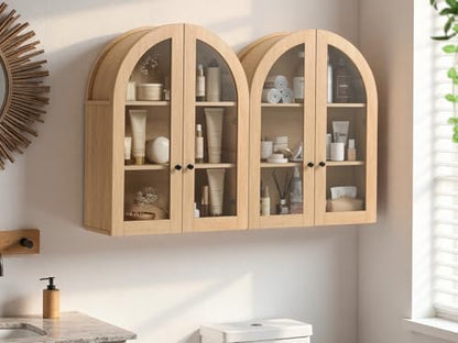 Bathroom Arched Wall Cabinet, 23.5'' Wide Medicine Cabinet, Bathroom Cabinet Wall Mount W/ Glass Doors & Adjustable Shelves, Over The Toilet Storage Cabinet for Laundry Room, Bedroom,Kitchen,Natural