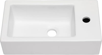 Wall Mount White Ceramic Bathroom Sink | Beslend 18x10 Small Wall Mounted Rectangle Sink White Porcelain Sink with Single Faucet Hole Wall Hung Hand Wash Art Basin