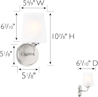 Design House 589283 Stasia Wall Light Sconce with Frosted Glass Tapered Shade for Bathroom Bedroom Entryway, Satin Nickel