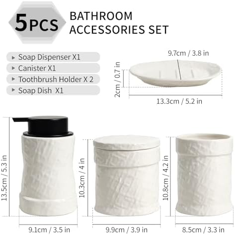White Bathroom Accessory Set 5PCS, Ceramic Bathroom Accessories Set, Minimalist Textured Design Liquid Soap Dispenser Set Complete, Home Bathroom Decor Vanity Countertop, ANTIS'S HOME