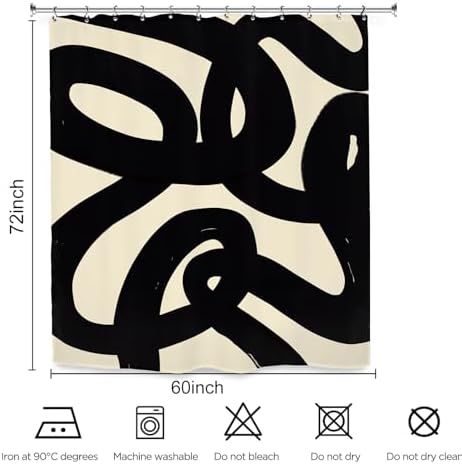 Abstract Black Beige Shower Curtain 60Wx72L Inch Modern Minimalist Contemporary Geometric Line Neutral Simple Bathroom Set Accessories Decor with 12 Pack