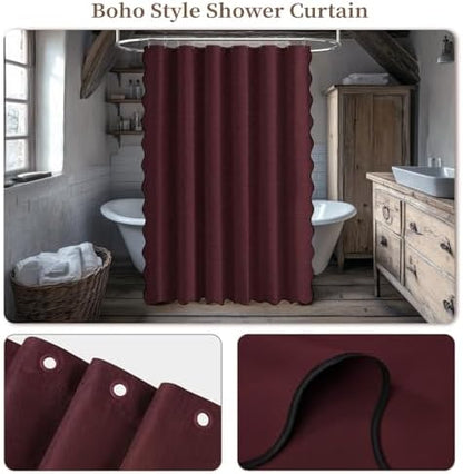 BTTN 72x78 Boho Scalloped Linen Textured Cloth Shower Curtain Set, Burgundy