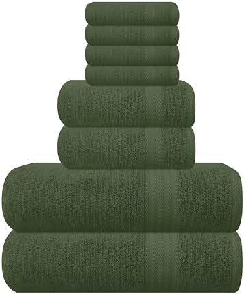 GLAMBURG Ultra Soft 8-Piece Towel Set - 100% Pure Ring spun Cotton, Contains 2 Oversized Bath Towels 27x54, 2 Hand Towels 16x28, 4 Wash Cloths 13x13 - Ideal for Everyday use, Hotel & Spa - Olive Green