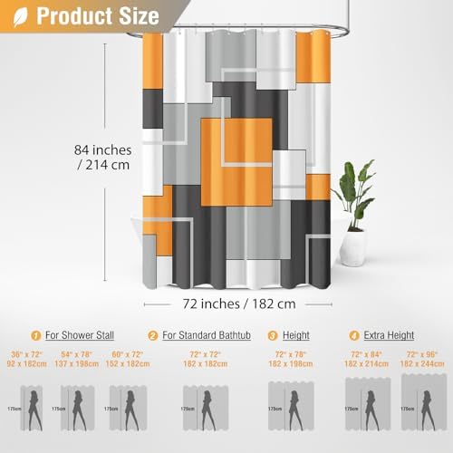 BTTN 72 x 84 Tall Modern Geometric Waterproof Fabric Shower Curtain, Orange