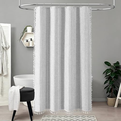 BTTN 48 x 72 Boho Linen Heavy Duty Cloth Shower Curtain Set, Grey/Gray