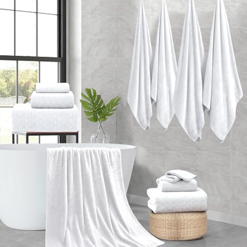 8-Piece White Bath Towels Set,2 Oversized Large Bath Towels Sheet,2 Hand Towels and 4 Washcloths - 600 GSM Soft Luxury Towel Set,Highly Absorbent Quick Dry Towel Collection for Bathroom,Hotel and Spa