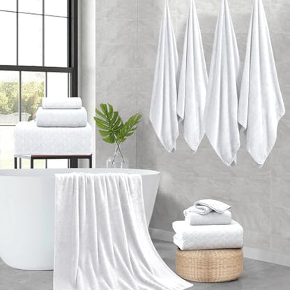 8-Piece White Bath Towels Set,2 Oversized Large Bath Towels Sheet,2 Hand Towels and 4 Washcloths - 600 GSM Soft Luxury Towel Set,Highly Absorbent Quick Dry Towel Collection for Bathroom,Hotel and Spa