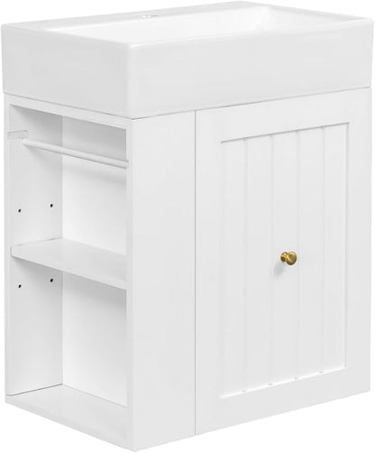 20" Floating Small Bathroom Vanity with Sink, Wall Mounted Vanity for Compact Bathrooms, Space-Saving Narrow Bathroom Vanities with Soft-Close Drawer Open Shelf Towel Bar (White,20" Floating Drawer)