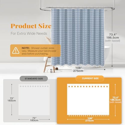 BTTN 108x72 Boho Farmhouse Linen Heavy Duty Fabric Shower Curtain Set, Blue