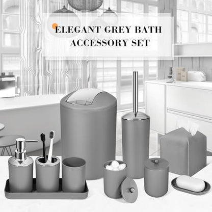 Grey Bathroom Accessories Set, 10Pcs Bathroom Accessory Set with Trash Can, Soap Dispenser and Toothbrush Holder, Soap Dish, Cotton Ball & Qtip Holder, Toilet Brush Holder, Tissue Box Cover