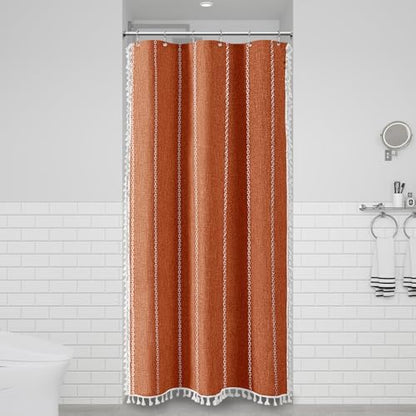 BTTN Small Boho Linen Heavy Duty Cloth Shower Curtain, 36x72, Burnt Orange