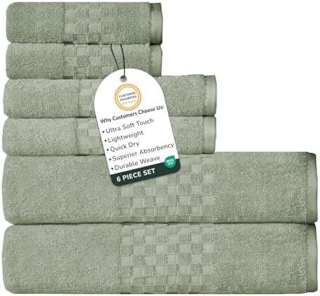 Feather & Stitch 100% Cotton 625 GSM Bath Towel Set of 6, Ultra Soft Highly Absorbent 2 Bath Towels, 2 Hand Towels & 2 Washcloth - Luxury Quick Dry Shower Towels (Sage Green)