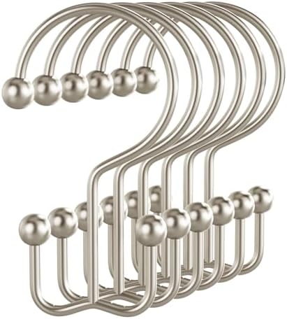 Bathway Shower Curtain Hooks Matte Nickel Shower Curtain Rings, 12 Pcs Double Hook Shower Curtain Hooks Rings Shower Curtain Hangers Rust Proof, Metal Shower Hooks for Bathroom Shower Curtain Rod