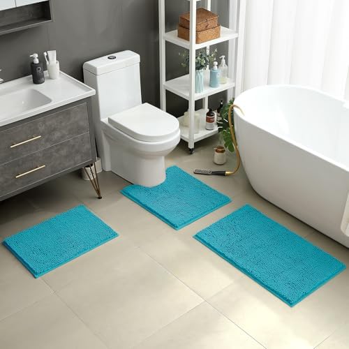 HOMEIDEAS Teal Blue Chenille Bathroom Rugs Set of 3, Non Slip Bath Mat