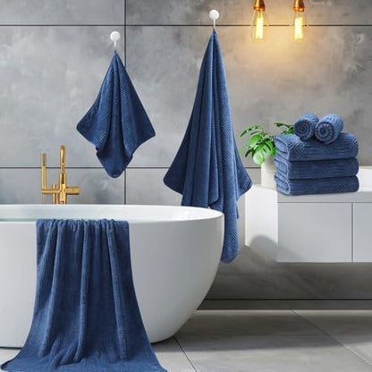 8 Piece Bath Towel Set-2 Oversized Bath Sheets(35"x70"),2 Hand Towels,4 Washcloths-Extra Large Microfiber Towel Sets,Less Lint Highly Absorbent & Quick Dry Bath Towels for Bathroom Gym Pool,Navy