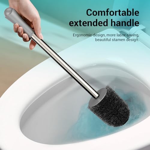 Toilet Brush and Holder Set, 2 Pack with Stainless Steel Handle Toilet Bowl Brush, Compact Toilet Scrubber Brush for Deep Cleaning Bathroom Restroom, Easy to Assemble-Grey