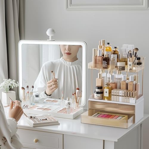 Delamu 4-Tier Makeup Organizer, Bathroom Counter Storage, 2 Drawers, Amber