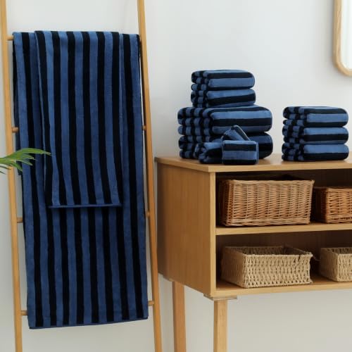 18 Pcs Navy Black Cabana Stripe Bath Towel Set with Hanging Loop-6 Bath Towels,6 Hand Towels,6 Washcloths Soft Microfiber Family Towels Highly Absorbent Shower Towel for Bathroom Beach Spa Gym