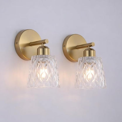 1-Light Brushed Gold Bathroom Vanity Wall Sconces, 2-Pack Modern Stainless Steel Fixtures with Textured Glass Shades for Over-Mirror Lighting, E26 Sockets (Bulbs Not Included)