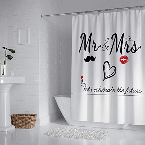 Mr Mrs Shower Curtain for Lover Couples Wedding Bridal Bathroom, Fabric Bath Decor Curtain Set with Hooks 71X71 Inches (Black and White)