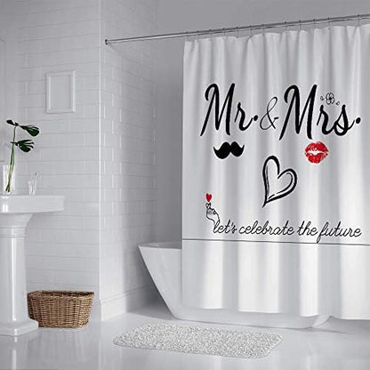 Mr Mrs Shower Curtain for Lover Couples Wedding Bridal Bathroom, Fabric Bath Decor Curtain Set with Hooks 71X71 Inches (Black and White)