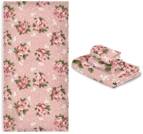 Naanle Beautiful Vintage Rose Floral Soft Luxury Decorative 3 Pieces Towels Set, 1 Bath Towel+1 Hand Towel+1 Washcloth, Multipurpose for Bathroom, Hotel, Gym, Spa and Kitchen