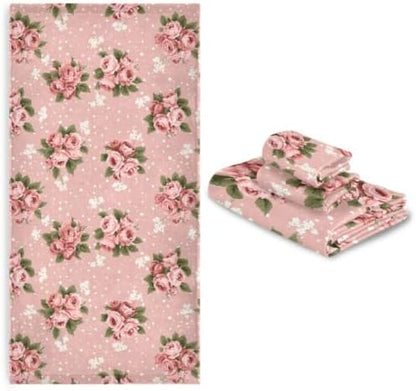 Naanle Beautiful Vintage Rose Floral Soft Luxury Decorative 3 Pieces Towels Set, 1 Bath Towel+1 Hand Towel+1 Washcloth, Multipurpose for Bathroom, Hotel, Gym, Spa and Kitchen