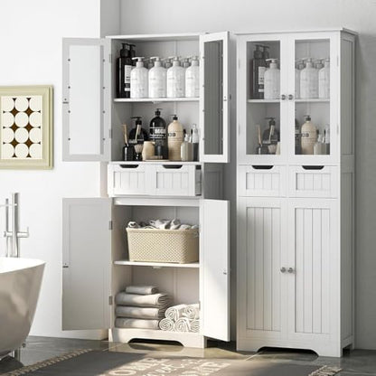Betterhood 67" Tall Bathroom Storage Cabinet, Freestanding Bathroom Cabinet with Glass Doors and Shelves, Large Bathroom Cabinet with 2 Drawers for Living Room, Dining Room, Office, White
