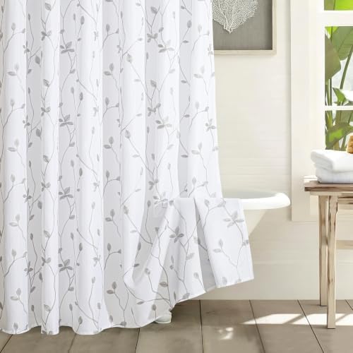 Embroidered Leaf Farmhouse Shower Curtain,Faux Linen,72Wx72L,White Grey