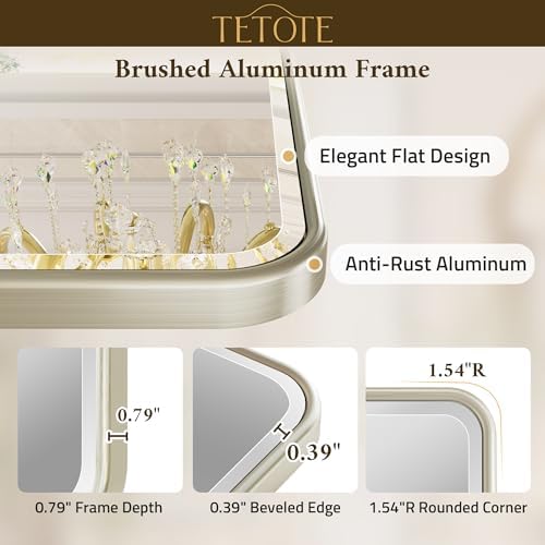 TETOTE Brushed Nickel Vanity Mirror for Bathroom 36 x 36 Beveled Edge Tempered Glass, Rounded Corner Rectangle Wall Mirror for Modern Bathroom, Living Room, Bedroom, Entryway