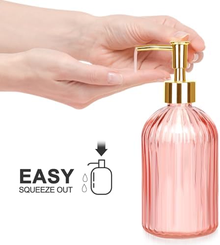 Haturi Bathroom Accessories Set, 4 Pcs Pink Glass Bathroom Accessories Sets Complete w/Lotion Soap Dispenser, Toothbrush Holder, Apothecary Jar, Vanity Tray, Bathroom Decor, Gift for Home Apartment