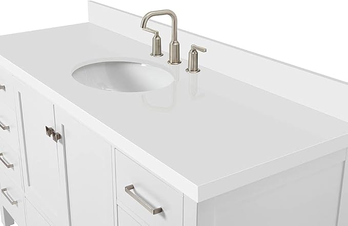 ARIEL Cambridge 60-inch Bathroom Vanity with Sink,Solid Wood, 1.5-inch Pure White Quartz Countertop & Backsplash, Single Oval Porcelain Sink, 2 Soft Closing Doors, 9 Dovetail Drawers, White
