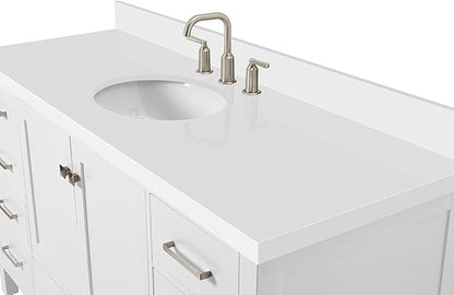 ARIEL Cambridge 60-inch Bathroom Vanity with Sink,Solid Wood, 1.5-inch Pure White Quartz Countertop & Backsplash, Single Oval Porcelain Sink, 2 Soft Closing Doors, 9 Dovetail Drawers, White