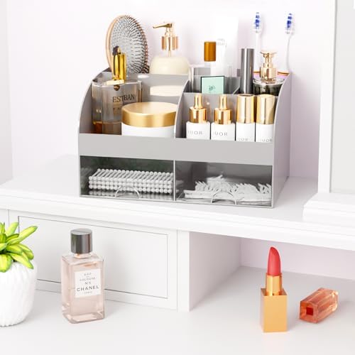Makeup Organizer with Drawers, Cosmetic Storage for Dresser Vanity and Bathroom Countertop, Beauty Holder for Lipstick Brush, Skincare Organizer for Vanity, Cosmetic Display Case (Grey)