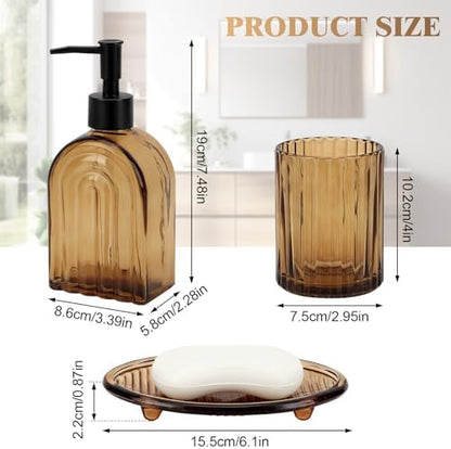 Bathroom Accessories Set, 4Pcs Glass Bathroom Accessories Set Complete, 13.5OZ Lotion Soap Dispenser, Toothbrush Holder, Mouthwash Cup, Soap Dish for Bathroom Decor, Countertop Organizer (Amber)