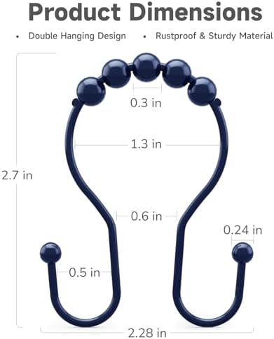 Bathway Shower Curtain Hooks, Shower Curtain Rings Rust Proof Navy Blue Double Hook Shower Curtain Hooks, 12 Pcs Shower Hooks for Shower Curtain, Shower Rings for Curtain, Metal Shower Rod Hooks