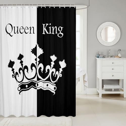 Crown Queen And King Curtains,His And Hers Matching Couple Bathroom Waterproof Accessories with 12 Hooks for Girls Boys Teens, Romantic Valentine'S Day Black And Red Fabric Shower Curtain,72x84 Inches