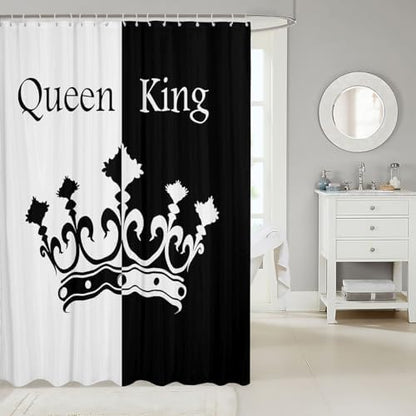 Crown Queen And King Curtains,His And Hers Matching Couple Bathroom Waterproof Accessories with 12 Hooks for Girls Boys Teens, Romantic Valentine'S Day Black And Red Fabric Shower Curtain,72x84 Inches
